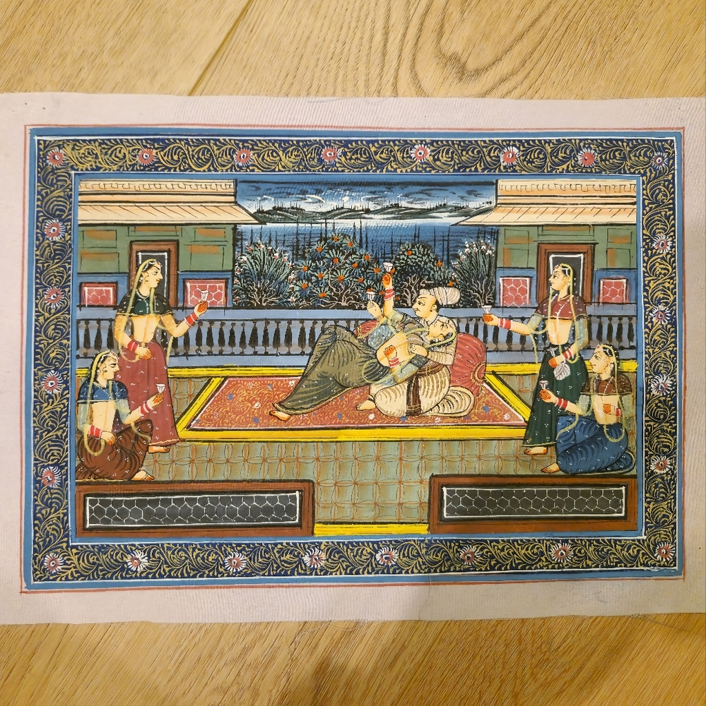 Original miniature Indian painting on silk fabric in natural colors